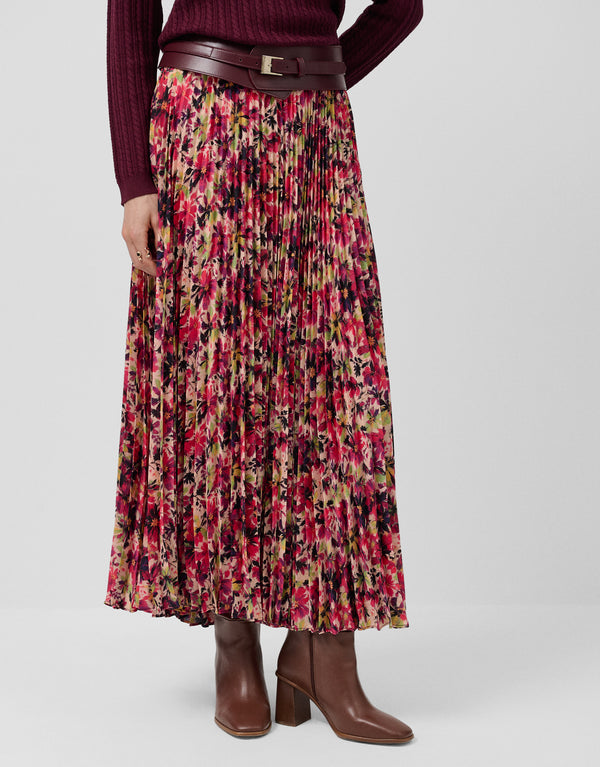 Burgundy Floral Print Crepe Georgette Pleated Midi Skirt