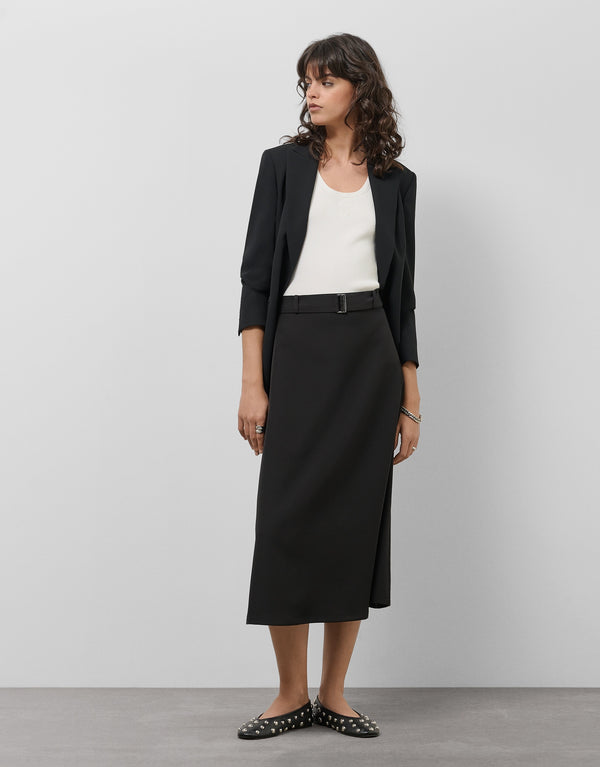 Black midi twill flowing skirt with belt