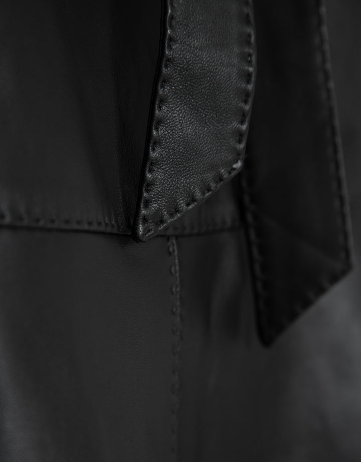 Close-up of a black leather jacket with stitching detail