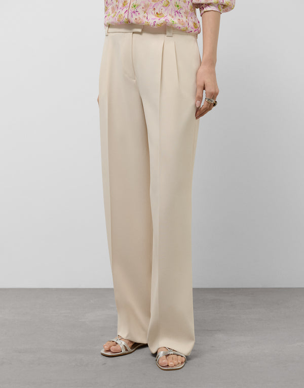 Beige Crepe Straight-Leg Trousers With Pleats