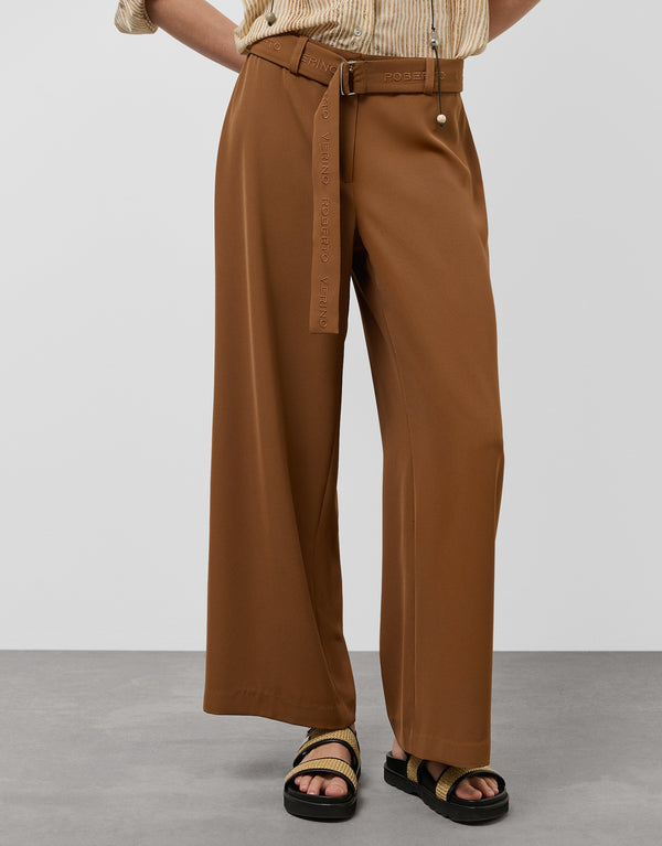 Flowy brown twill wide pants with belt