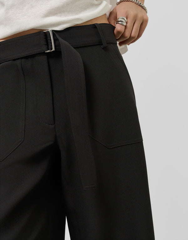 Wide black flowing twill pants with belt