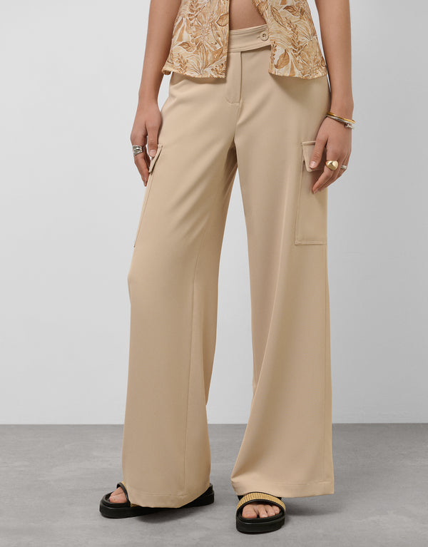 Beige Wide-Leg Cargo Pants