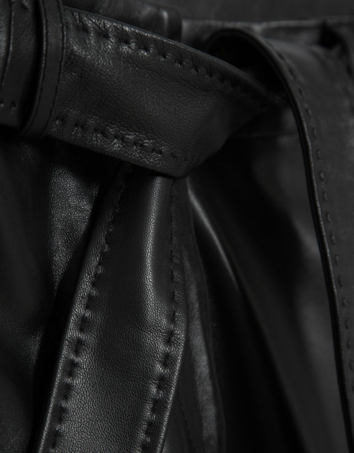 Close-up of a black leather jacket with visible stitching