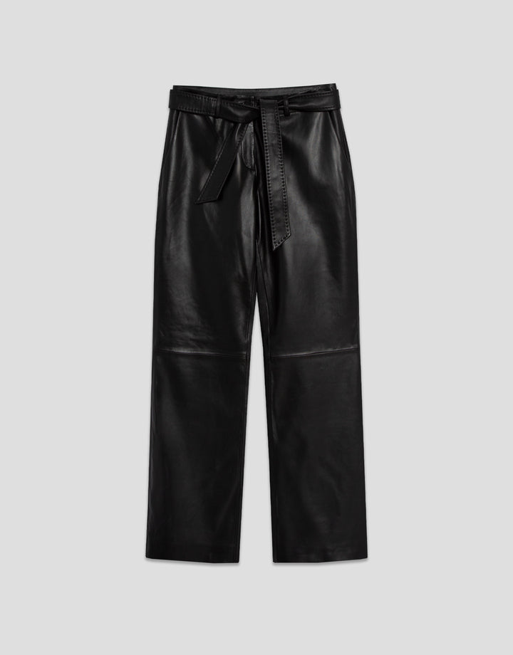 Black leather pants on a light gray background