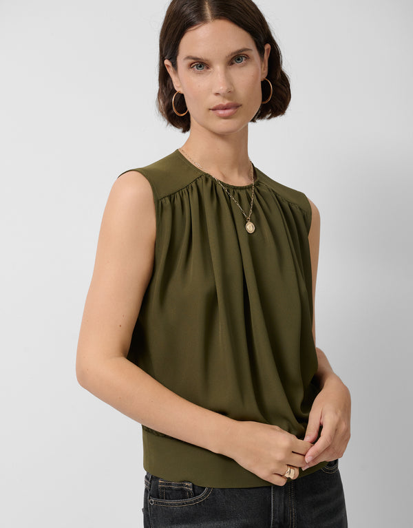 Sleeveless Puff-Sleeved Blouse In Green Crepe