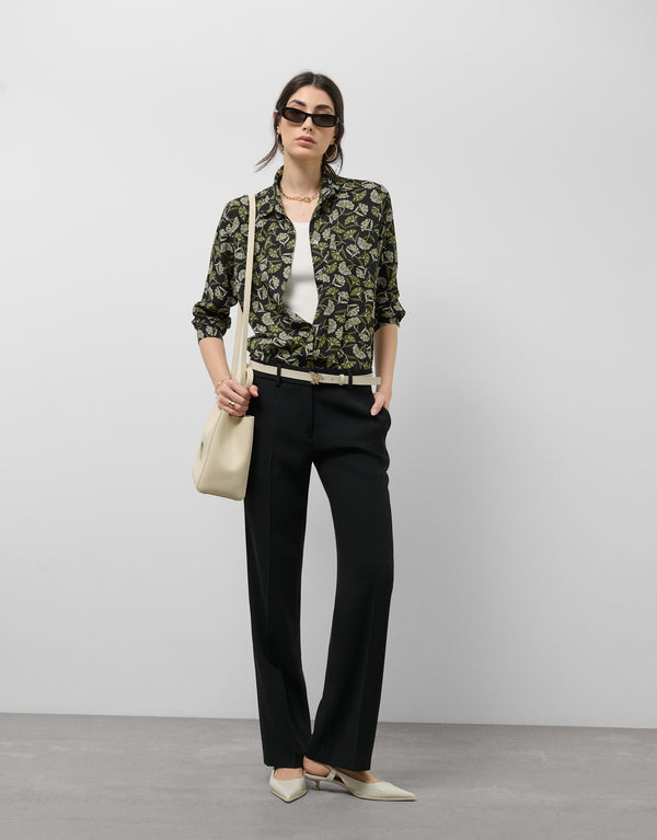 Black Men'S Cut Shirt With Green Leaf Print