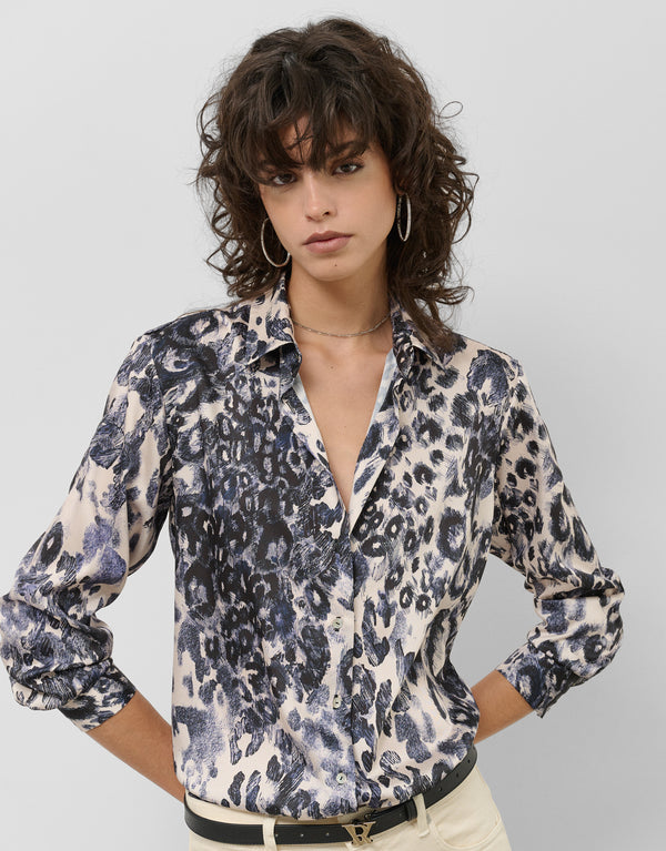 Navy Blue Animal Print Twill Blouse