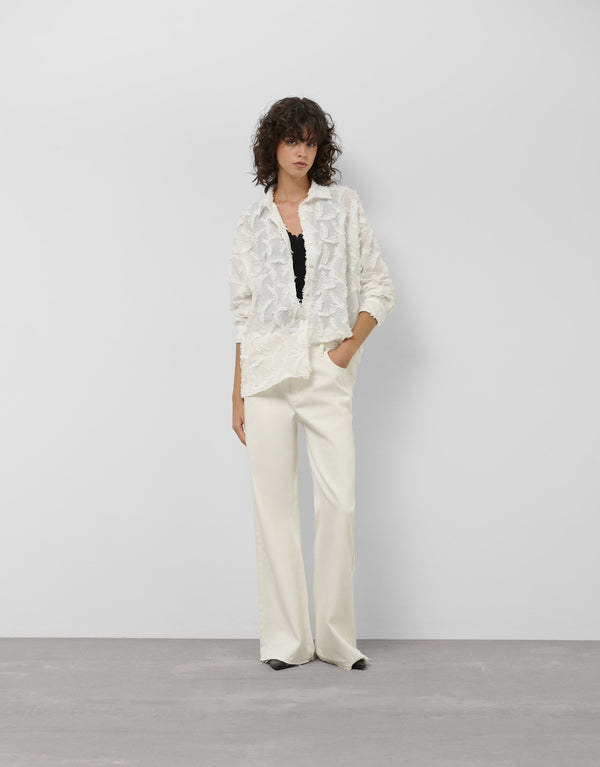White cotton voile blouse with fill coupé feathers