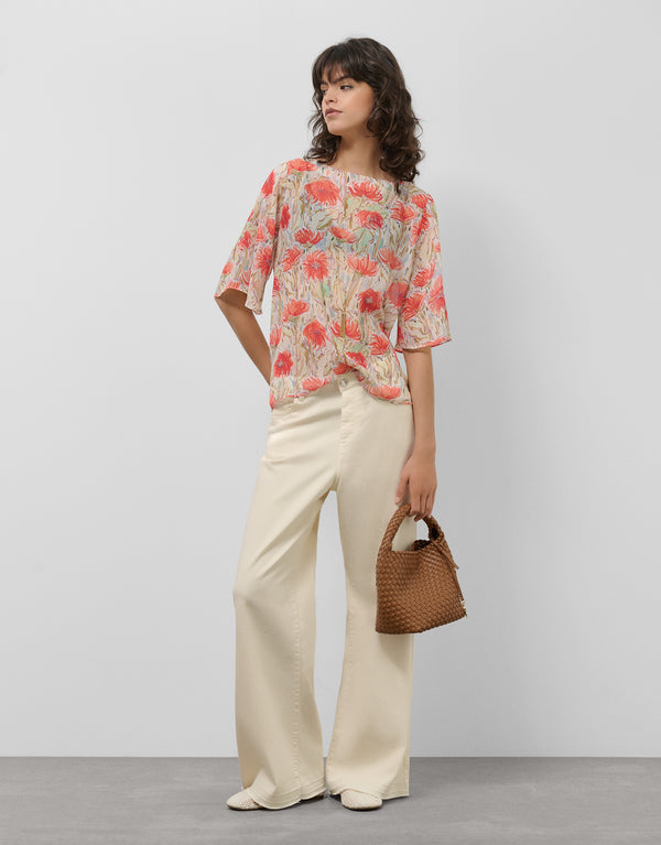 Chiffon Blouse With Floral Plant Print In Coral And Red Tones