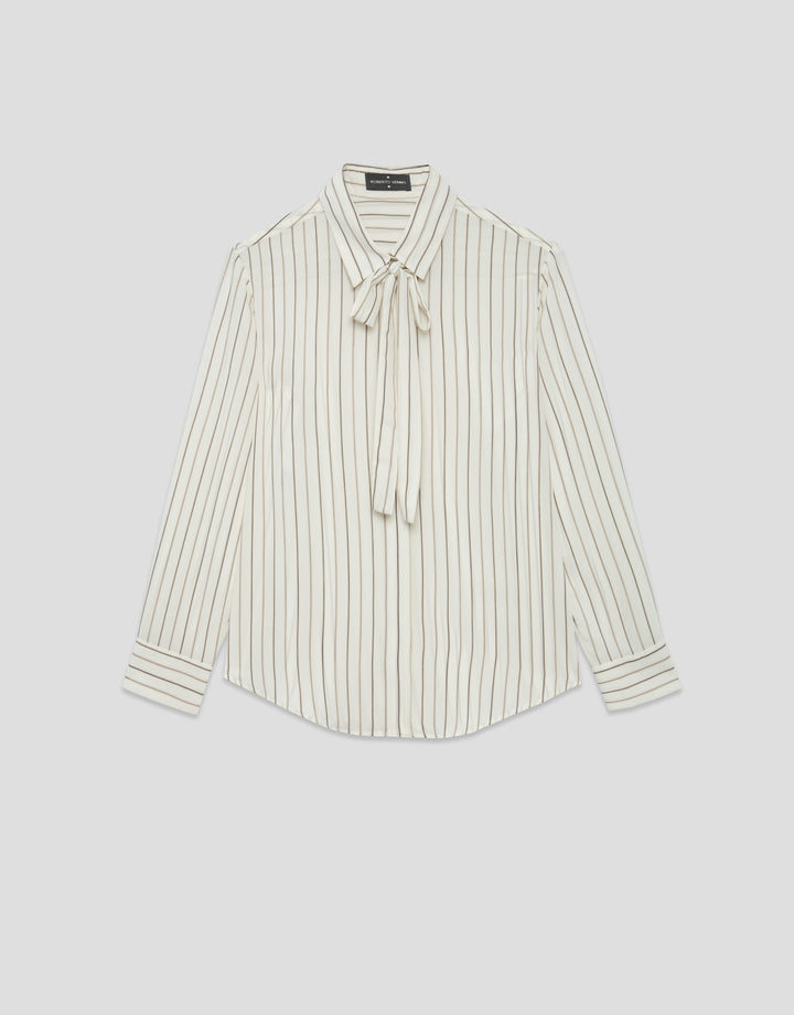 Striped shirt with a tie collar on a light gray background