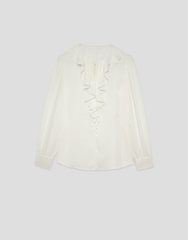 Long-Sleeved Off-White Blouse With Ruffle