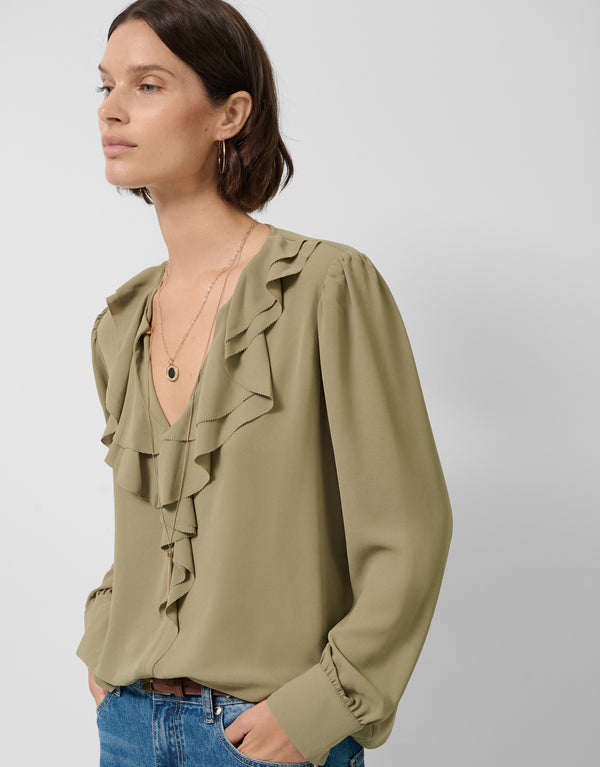 Green Long-Sleeved Blouse With Ruffle