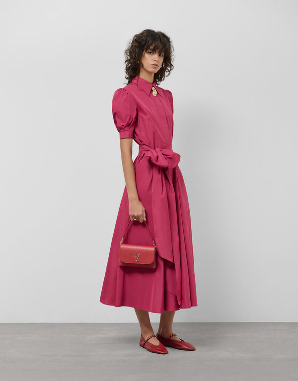 Raspberry Taffeta Short-Sleeved Midi Dress