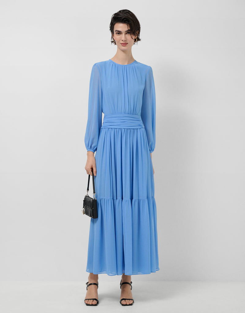 Blue gathered maxi dress by Roberto Verino — investment dress for quiet luxury wardrobe Australia
