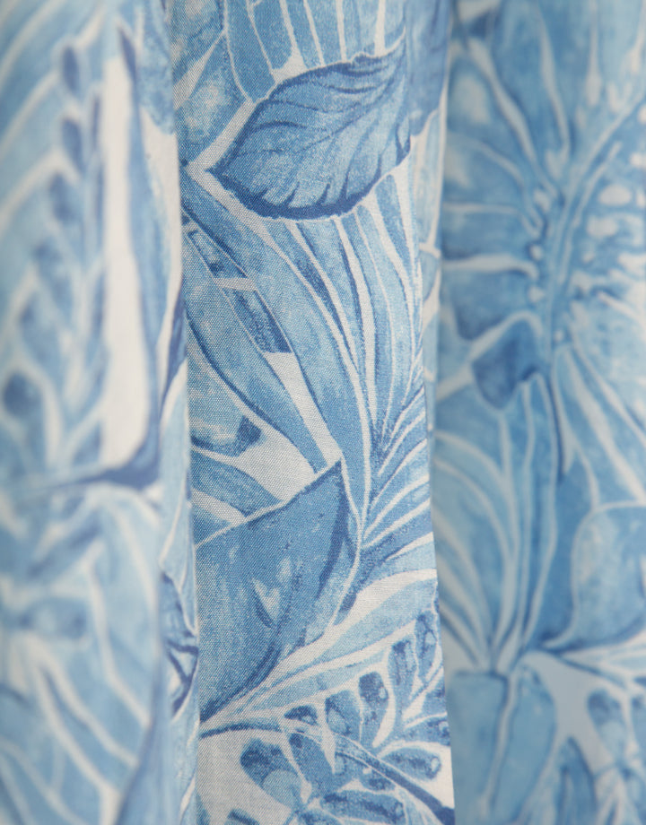 Close-up of blue and white floral patterned fabric