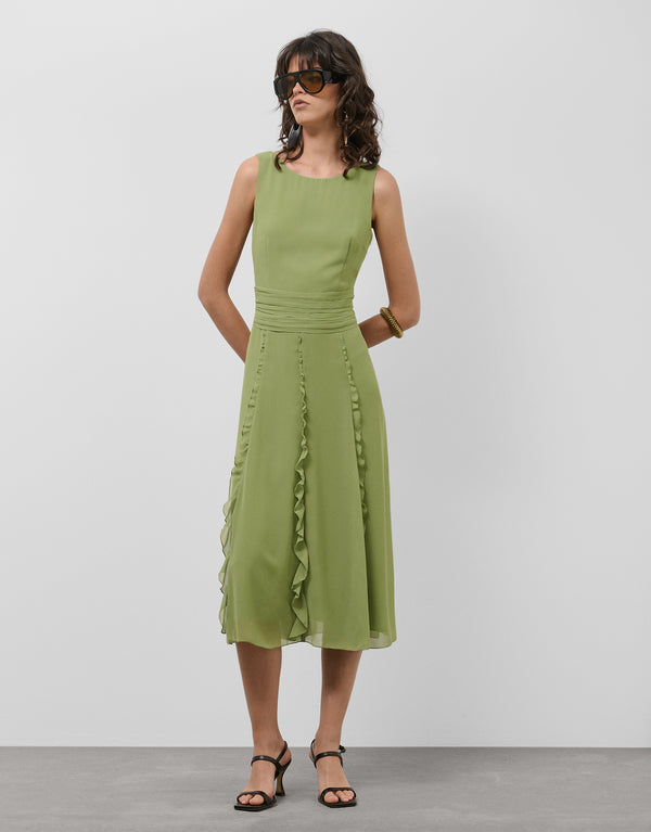 Sleeveless Midi Dress With Ruffles In Green Crepe Georgette