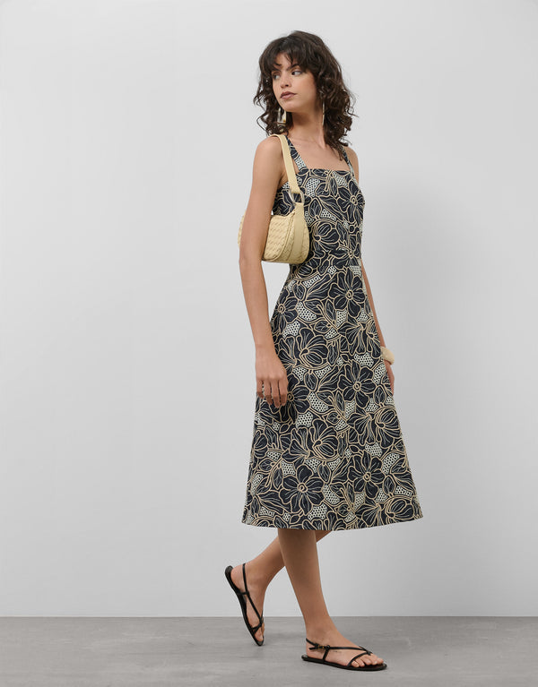 Midi Dress With Straps In Blue Denim Fabric With Floral Embroidery And Openwork