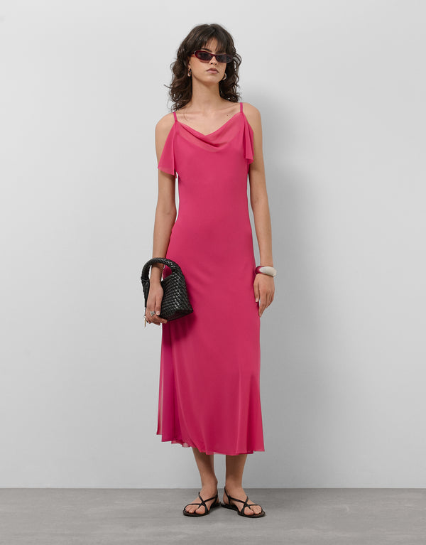 Midi Dress With Pleated Skirt In Fuchsia Georgette Crepe