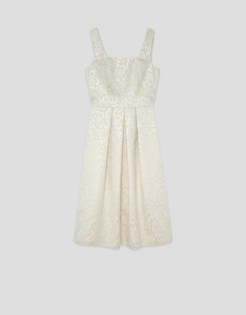Beige floral jacquard dress with silver metallic thread by Roberto Verino — winter wedding guest dress Australia