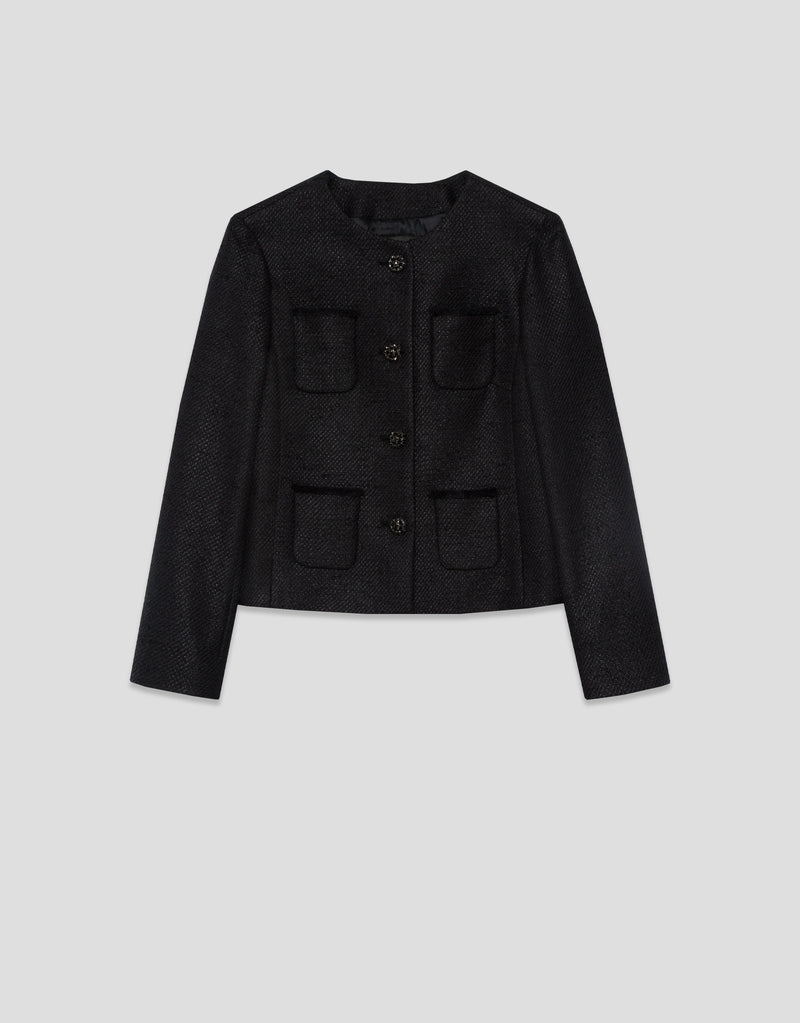 Short black woven jacket by Roberto Verino — tailored short jacket silhouette for women's outerwear Australia