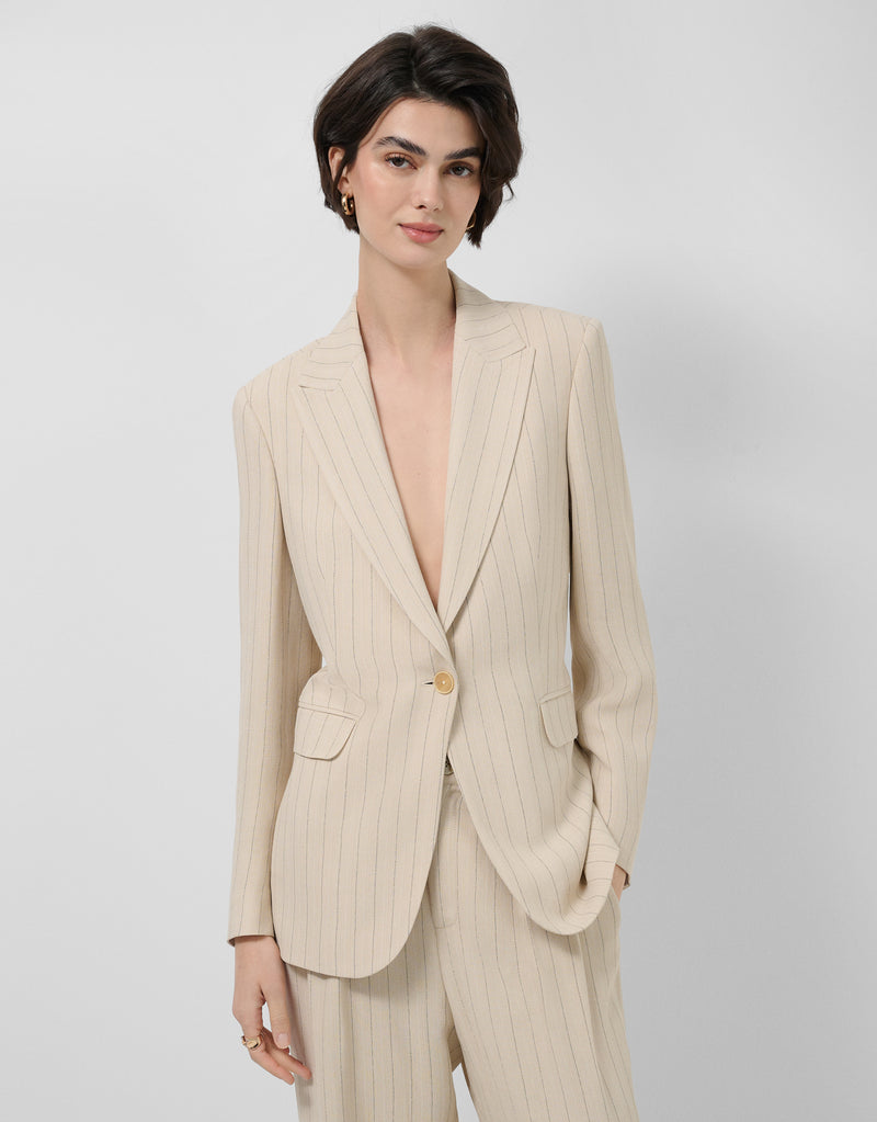 Beige single-button blazer with black pinstripe by Roberto Verino — investment tailored blazer for quiet luxury wardrobe