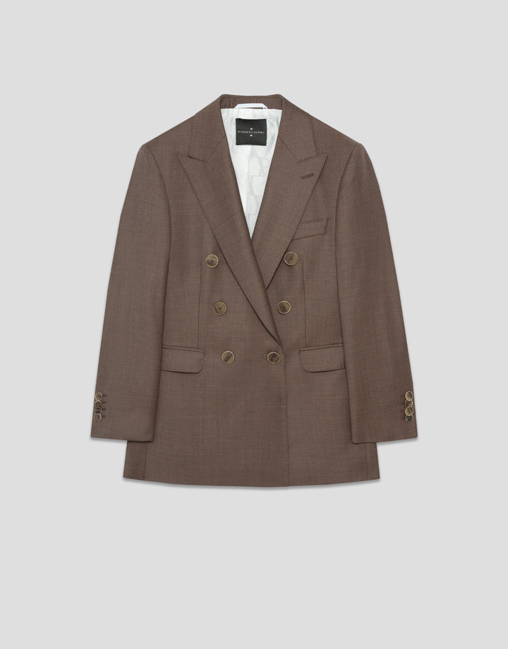 Brown double-breasted blazer on a light gray background