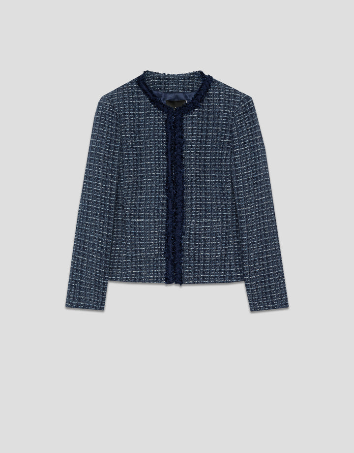 Blue textured blazer on a light gray background