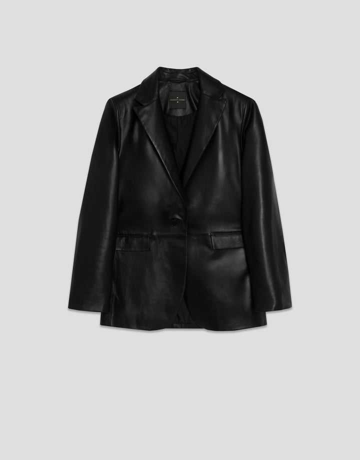 Black leather jacket on a light gray background