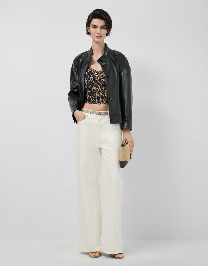 Black nappa leather short jacket with mandarin collar by Roberto Verino — outerwear for winter wedding guest Australia