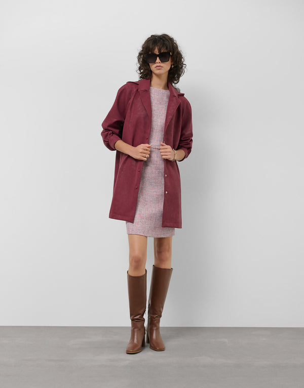 Maroon suede touch technical fabric trench coat