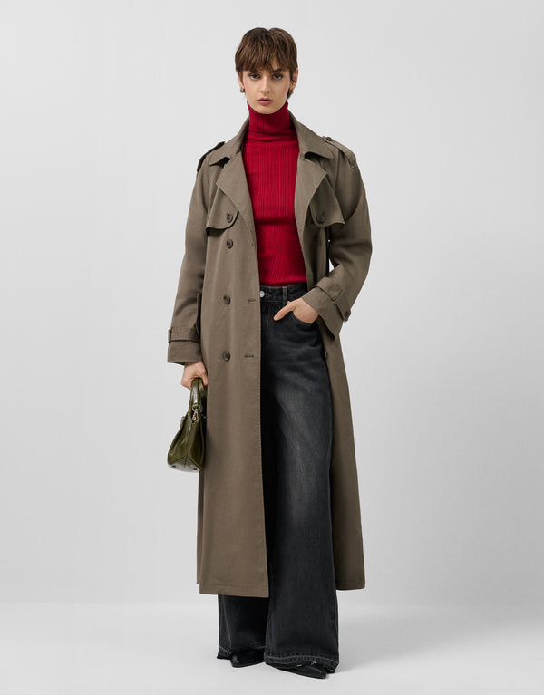 Classic Long Trench Coat In Khaki Green