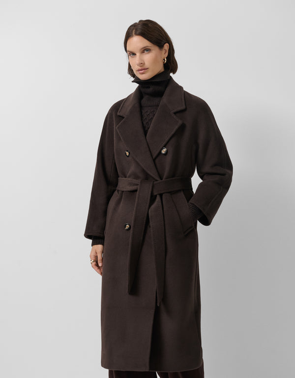Long Double-Breasted Coat In Dark Brown Cloth