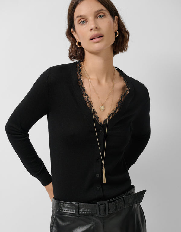 Fine Knit Jacket With V-Neck And Lace