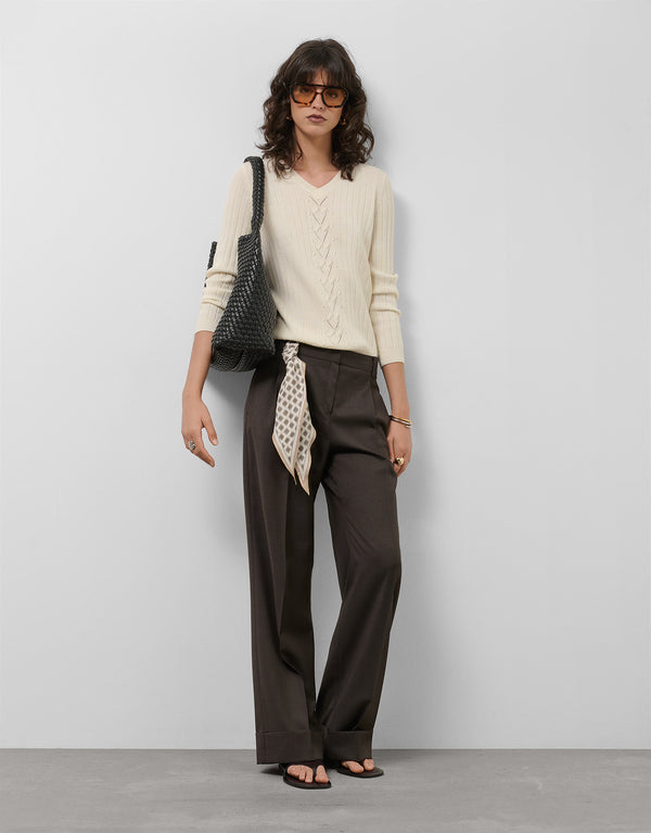 Cream Raw V-neck sweater with central stripe