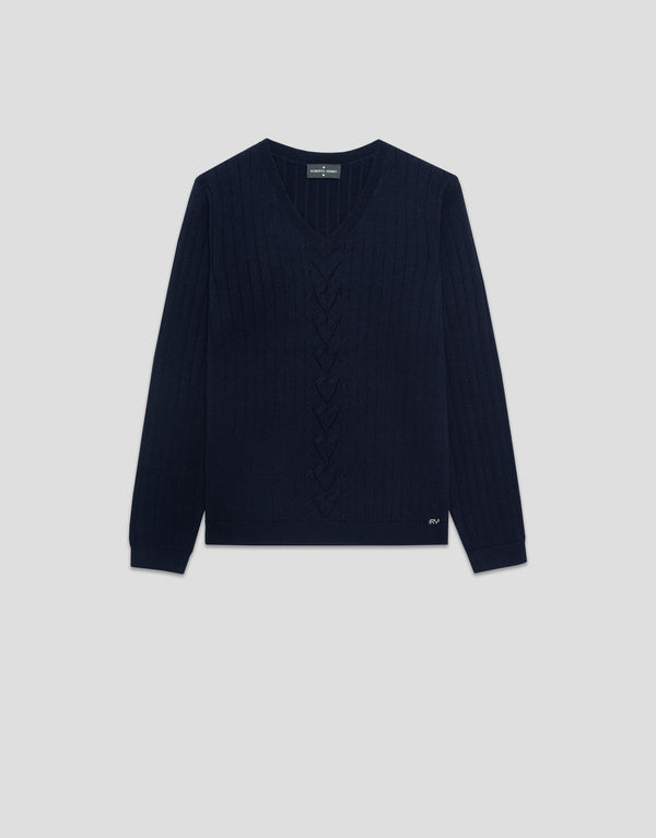 Black Raw V-neck sweater with central stripe
