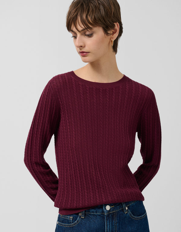 Burgundy Wool Long-Sleeved Sweater With Cables And Stripes