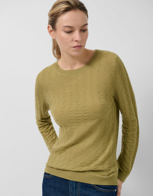 Olive Green Wave Knit Boat Neck Sweater