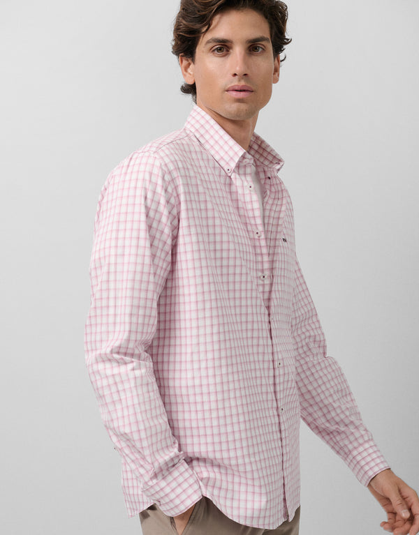 Regular Fit Plaid Sport Shirt In Mauve Tones