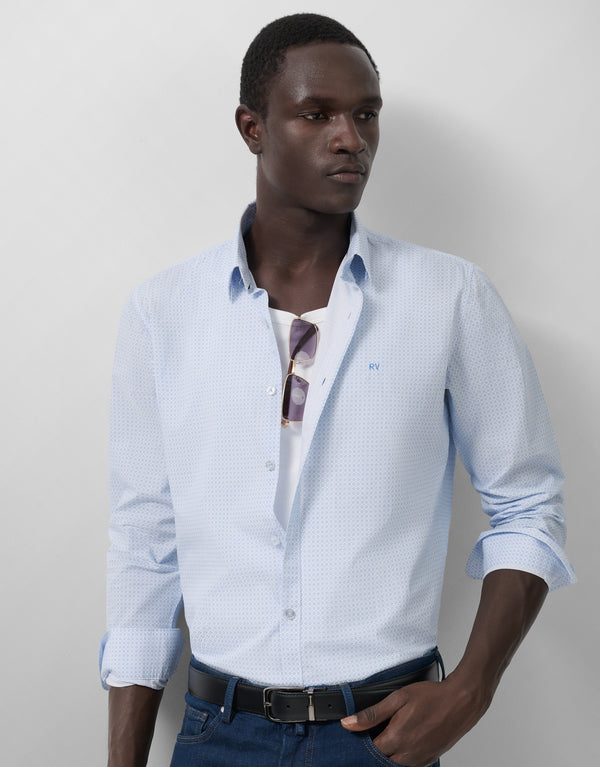 White Slim Sport Shirt With Blue Print