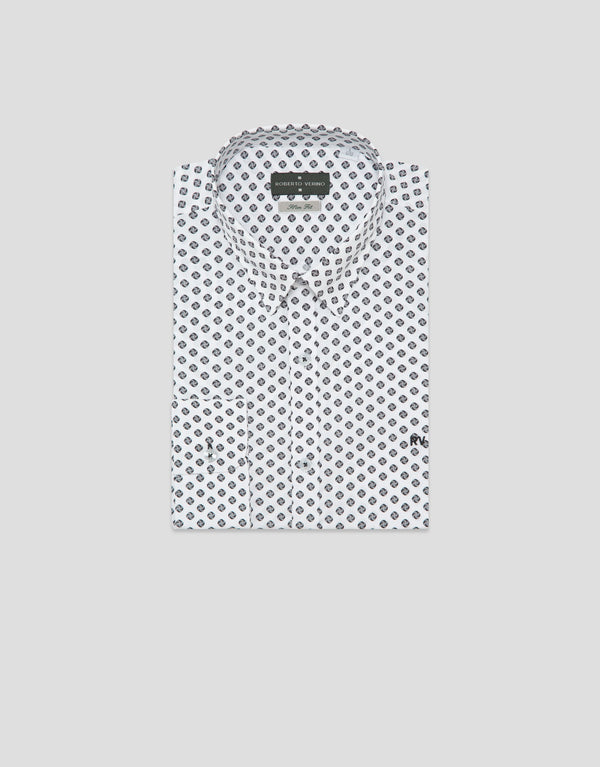 White Slim Sport Shirt With Anthracite Geometric Print
