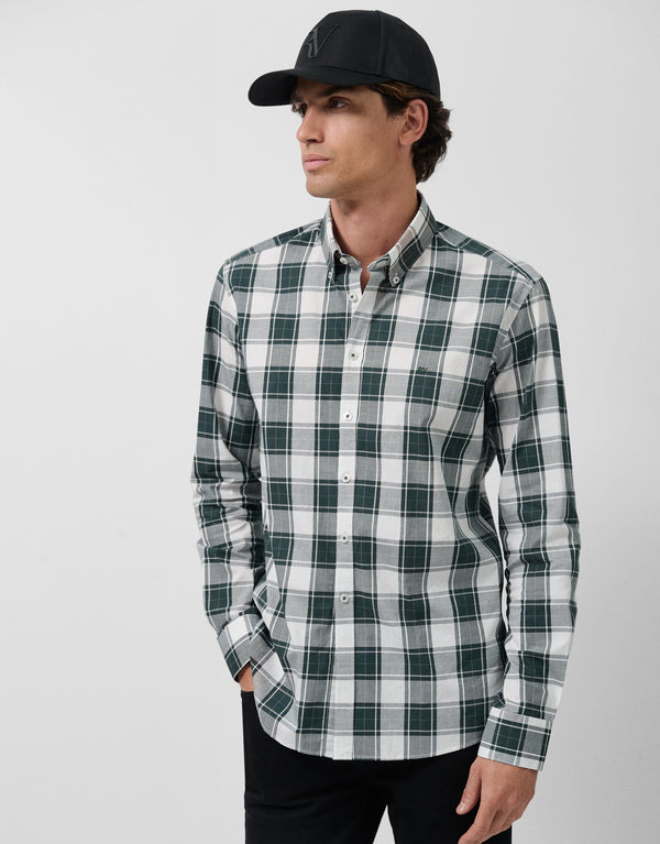 Slim Fit Sport Shirt, Green Plaid With White/Grey Trim