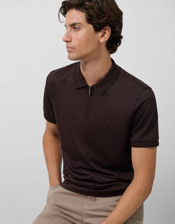 Short-Sleeved Polo Shirt In Mercerized Cotton With A Brown Texture