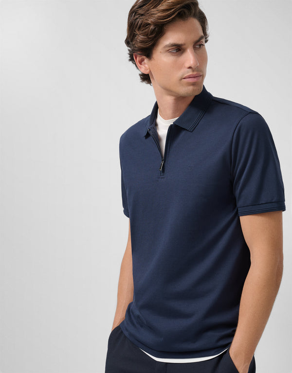 Short-Sleeved Polo Shirt In Navy Blue Textured Mercerized Cotton
