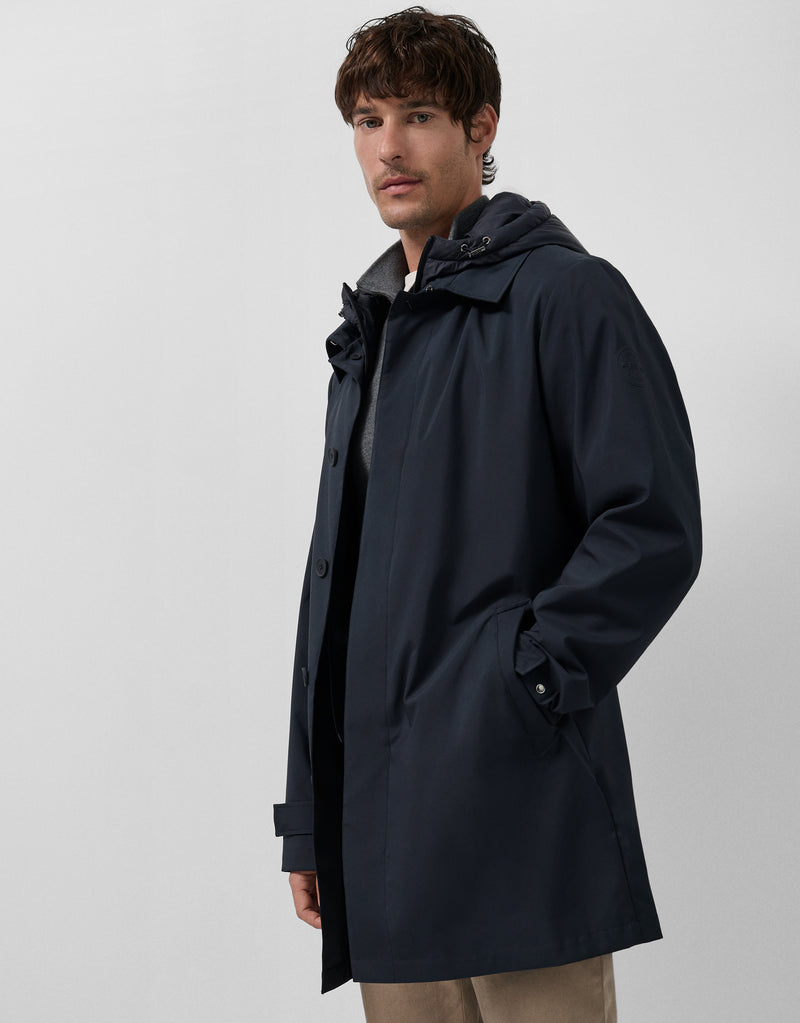 Navy trench coat with detachable bib by Roberto Verino — men's winter wedding guest outfit Australia