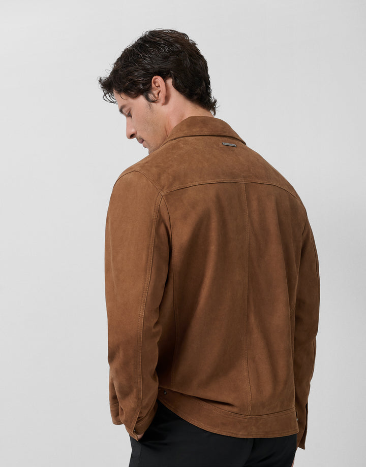 Man wearing a brown jacket on a white background