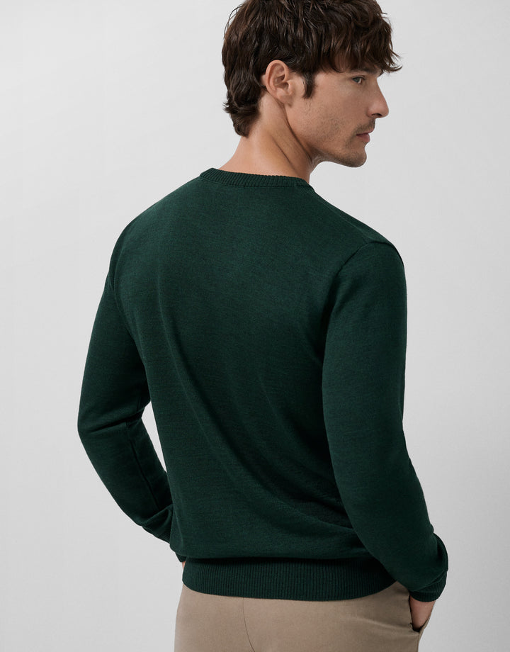 Man wearing a green sweater against a light gray background