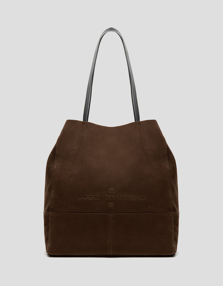 Brown suede backpack with black straps on a light gray background