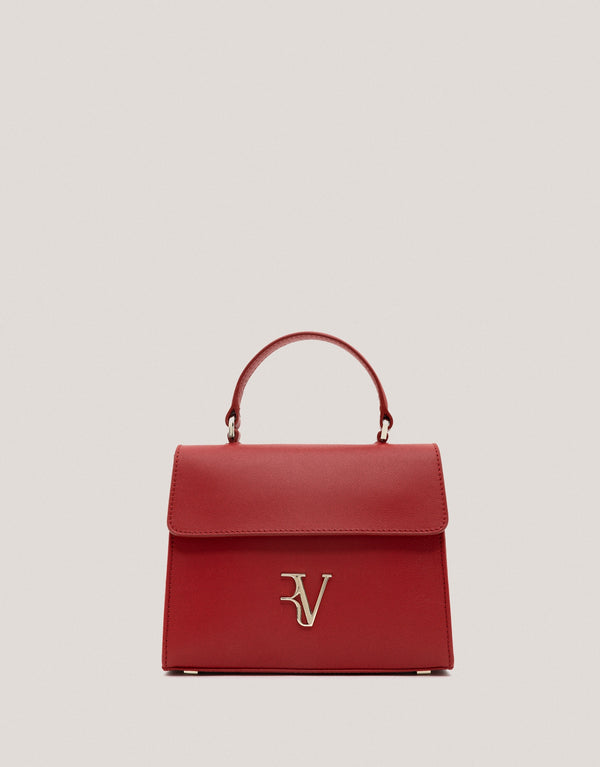 Red handbag with a gold logo on a light gray background
