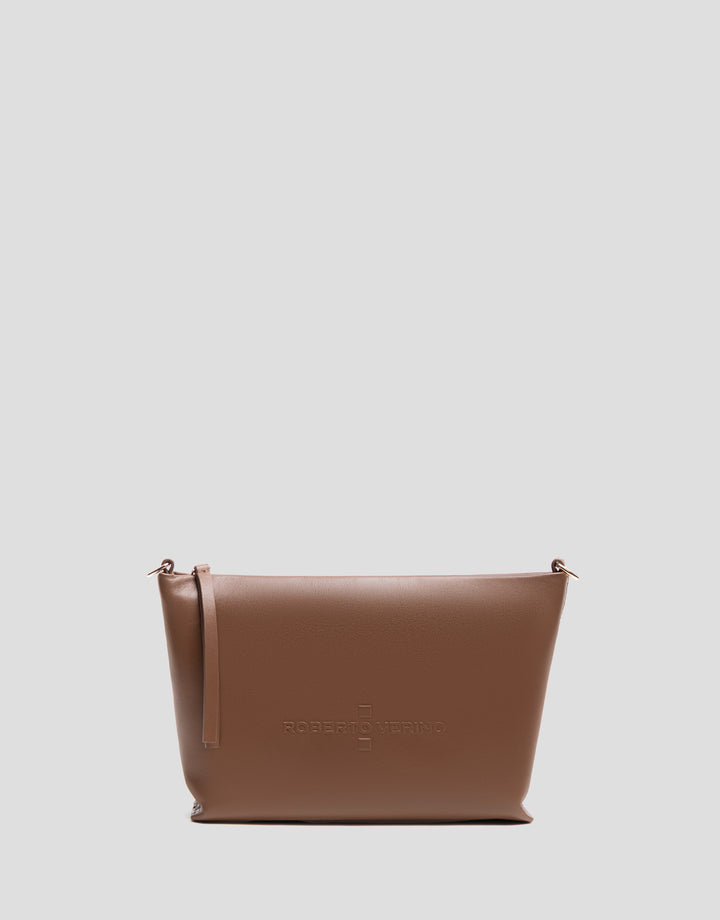 Brown leather clutch bag with brand logo on a light gray background